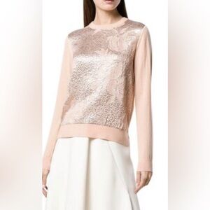 Tory Burch Peach Floral Cloque Front Crew neck Silk Wool Sweater sz Small